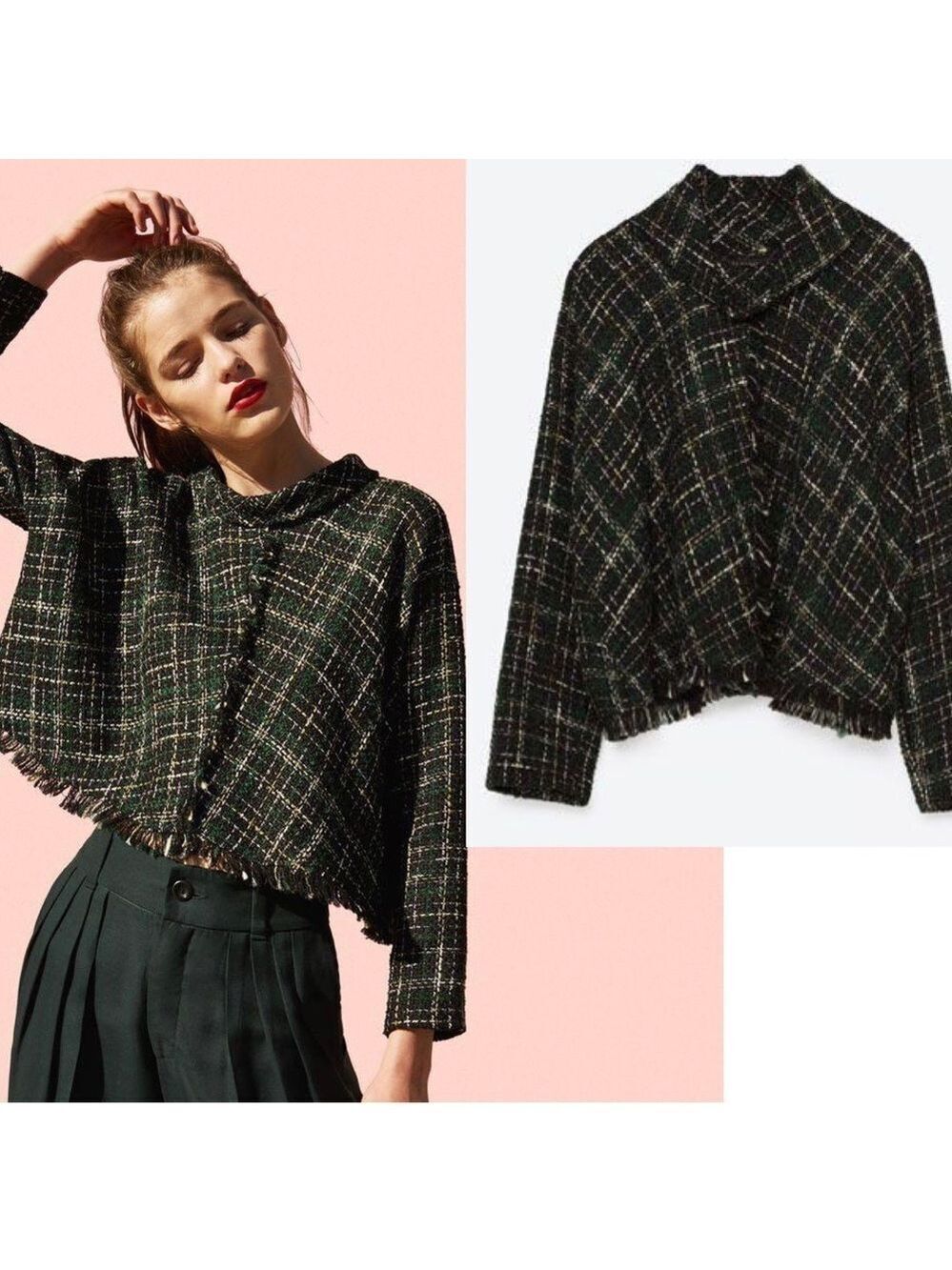 Zara black green tweed fringe long sleeve high neck top Sz S